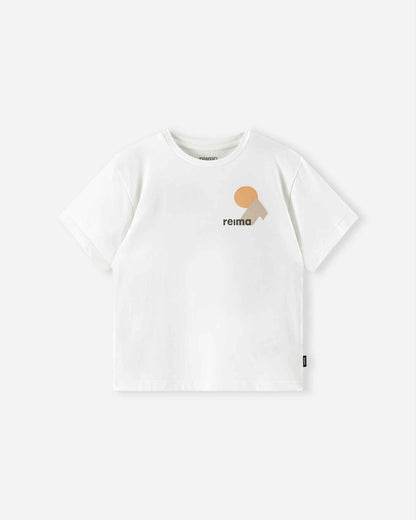 Front view of the Reima Ikioma kids' UPF 50+ sunproof short-sleeve t-shirt in off-white, showcasing a clean design with a small, stylized mountain and sun graphic logo on the chest.