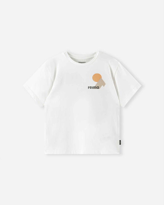 Front view of the Reima Ikioma kids' UPF 50+ sunproof short-sleeve t-shirt in off-white, showcasing a clean design with a small, stylized mountain and sun graphic logo on the chest.