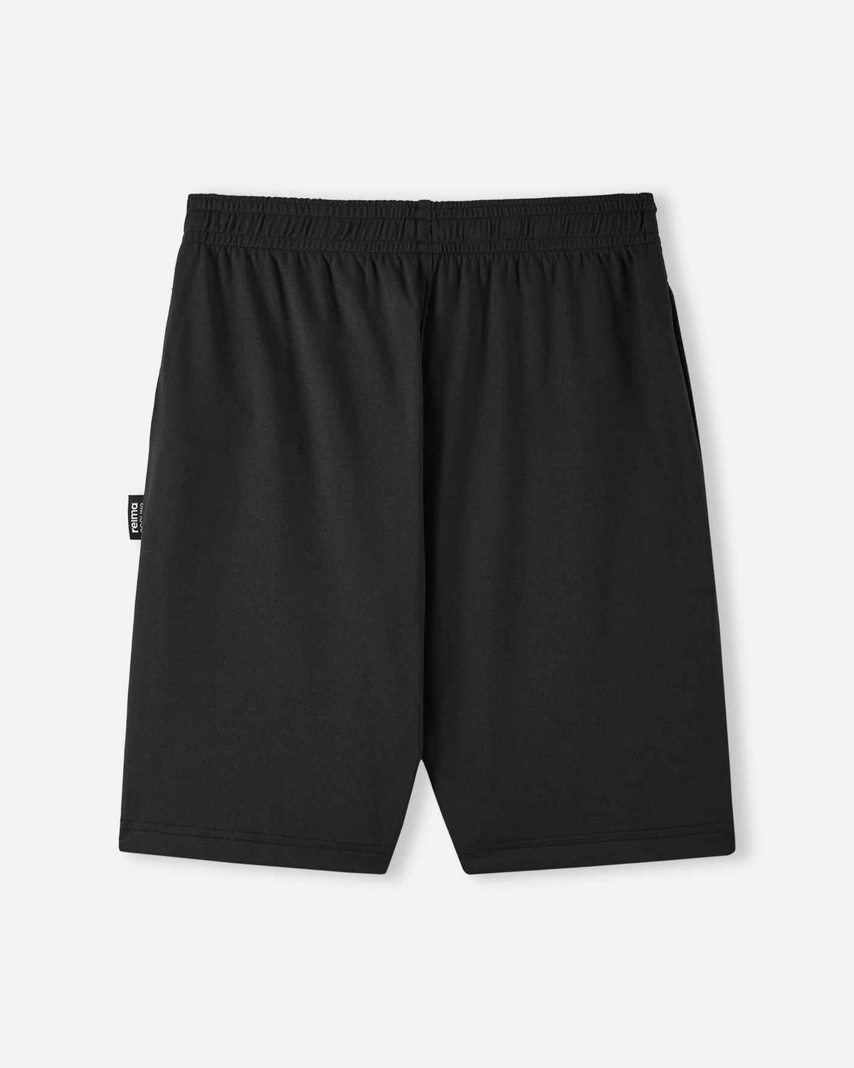A close-up view of the gathered elastic waistband and black adjustable drawstring on the black Reima Ilmasa shorts. A small black Reima logo tag is visible on the side seam.