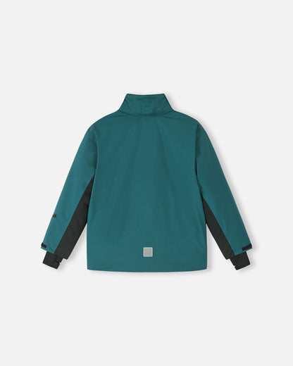 Back flat lay view of the dark teal Reima Jatuni kids' ski jacket with the hood detached, highlighting the protective stand-up collar and durable, dirt-repellent outer material.