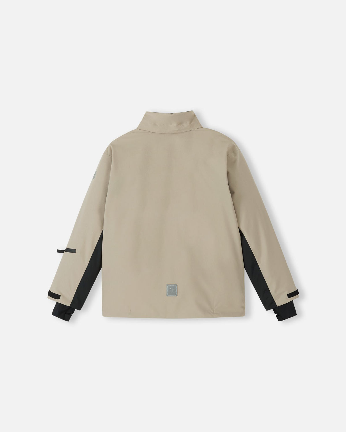Back flat lay view of the earthy beige Reima Jatuni kids' ski jacket with the hood detached, highlighting the protective stand-up collar and durable Reimatec waterproof material.