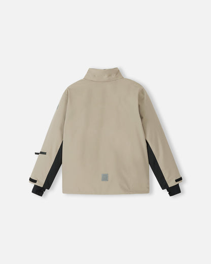 Back flat lay view of the earthy beige Reima Jatuni kids' ski jacket with the hood detached, highlighting the protective stand-up collar and durable Reimatec waterproof material.