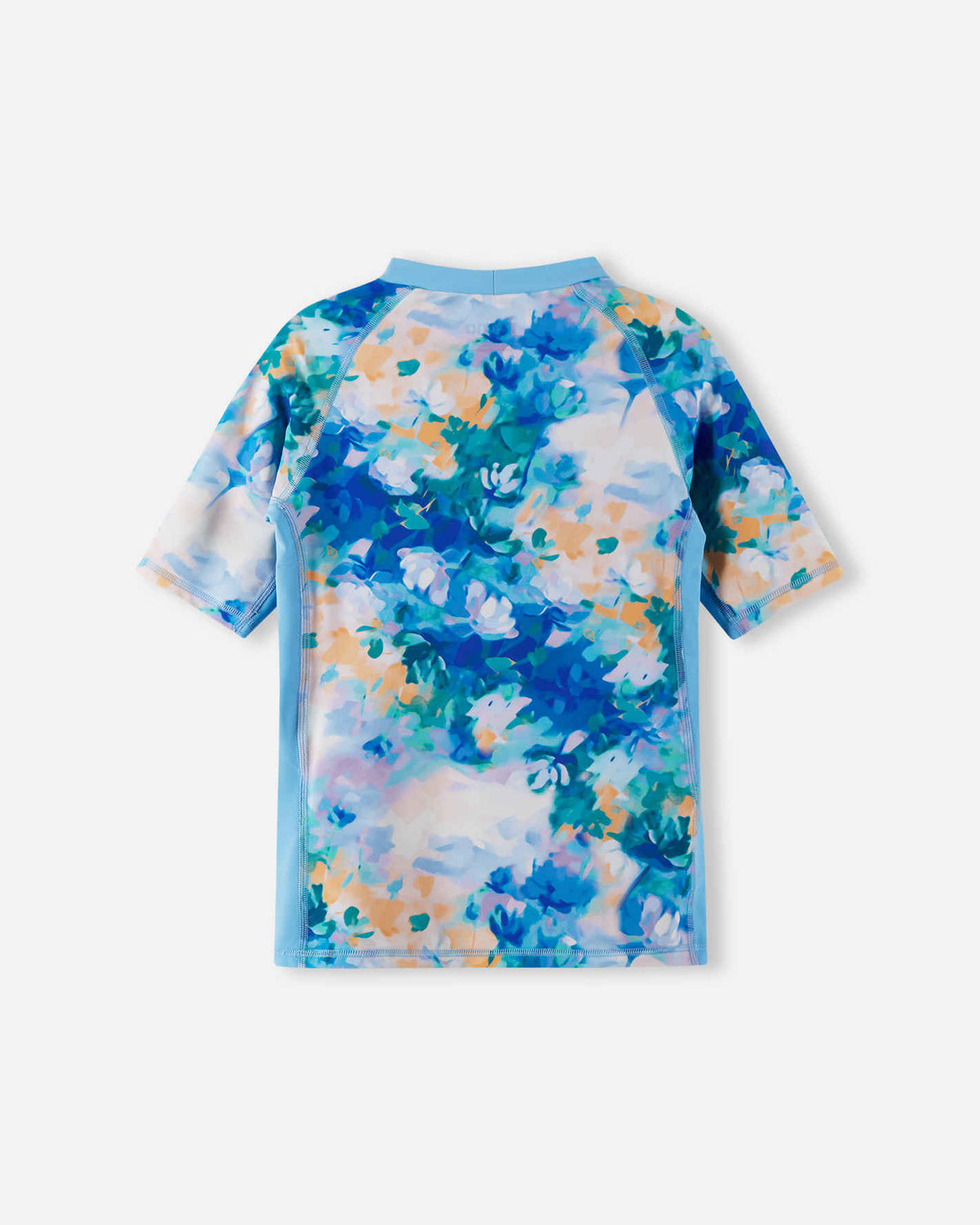 Back view of the fresh blue Reima Joonia girls' UPF 50+ short sleeve swim shirt, showcasing the continuous watercolor floral pattern, seamless shoulder construction, and quick-drying sunproof fabric.