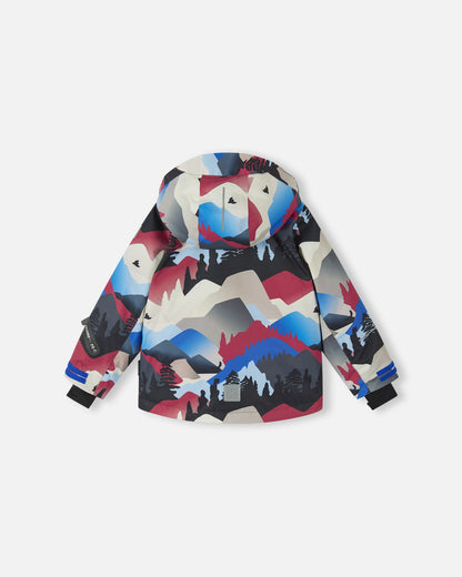 Back view of the Reima Kairala kids' winter ski jacket in the soft black mountain print, showcasing the attached protective hood and a reflective safety patch near the bottom hem.