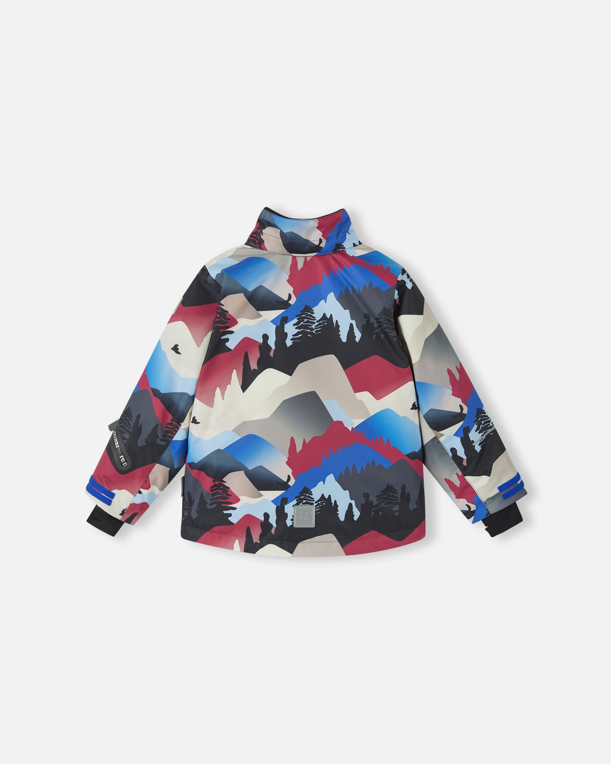 Rear profile of the Reima Kairala kids' waterproof winter jacket with the detachable hood removed, displaying the insulated high stand-up collar against the colorful mountain patterned fabric.