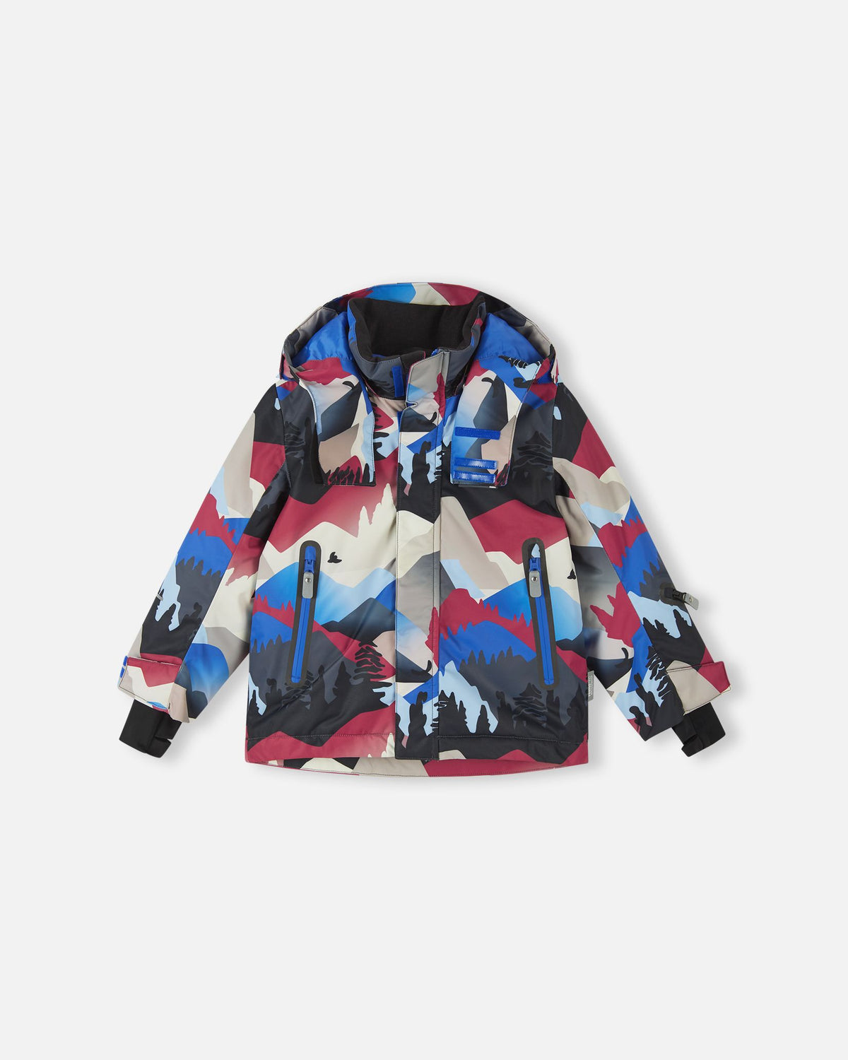 Front flat-lay view of the Reima Kairala high-quality kids' ski jacket in a soft black mountain landscape print with blue and red accents, featuring a detachable hood, waterproof zippers, and secure hand pockets.