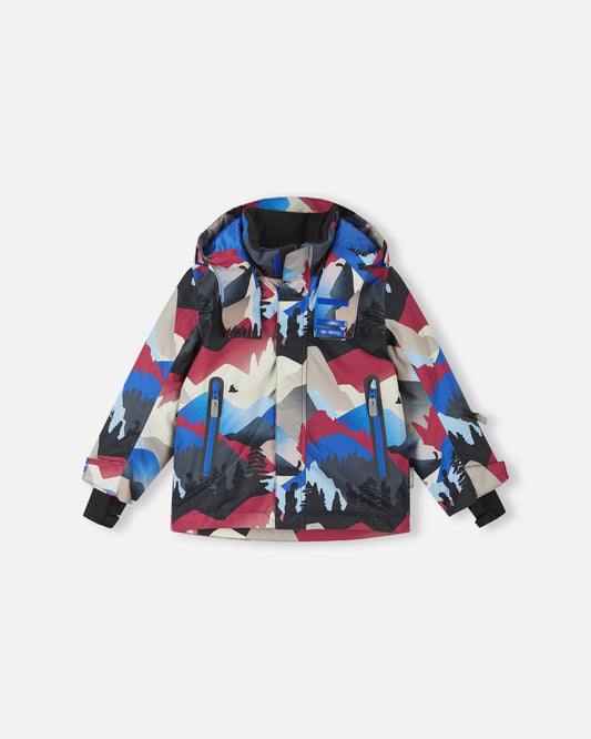 Front flat-lay view of the Reima Kairala high-quality kids' ski jacket in a soft black mountain landscape print with blue and red accents, featuring a detachable hood, waterproof zippers, and secure hand pockets.