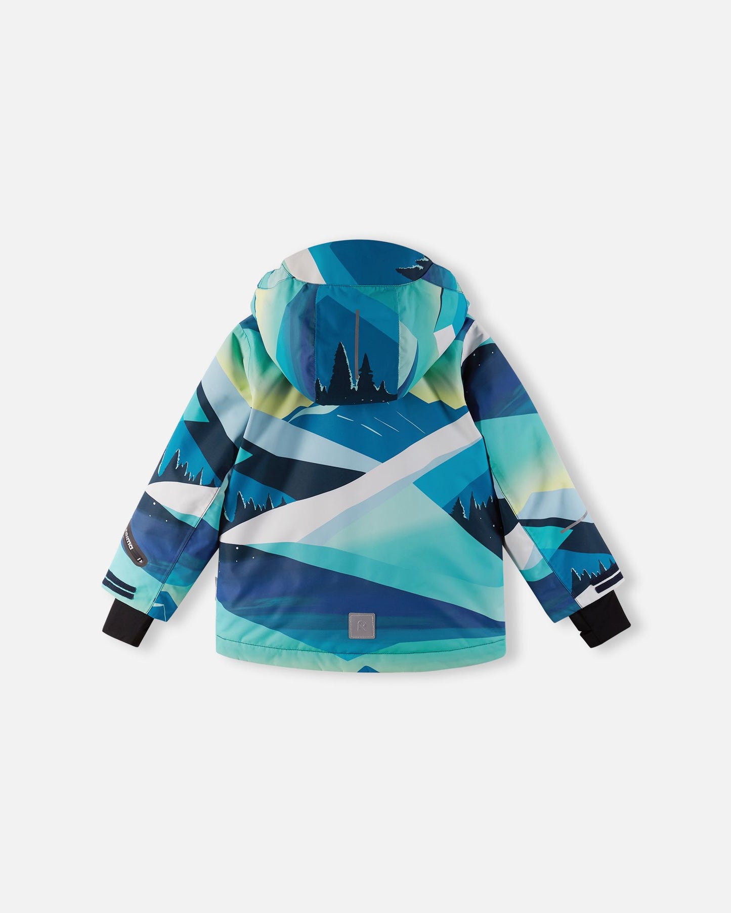 Back view of the bright blue Reima Kairala kids' waterproof ski jacket, displaying the continuous mountain landscape print, a protective hood, and a reflective safety patch at the lower back hem.
