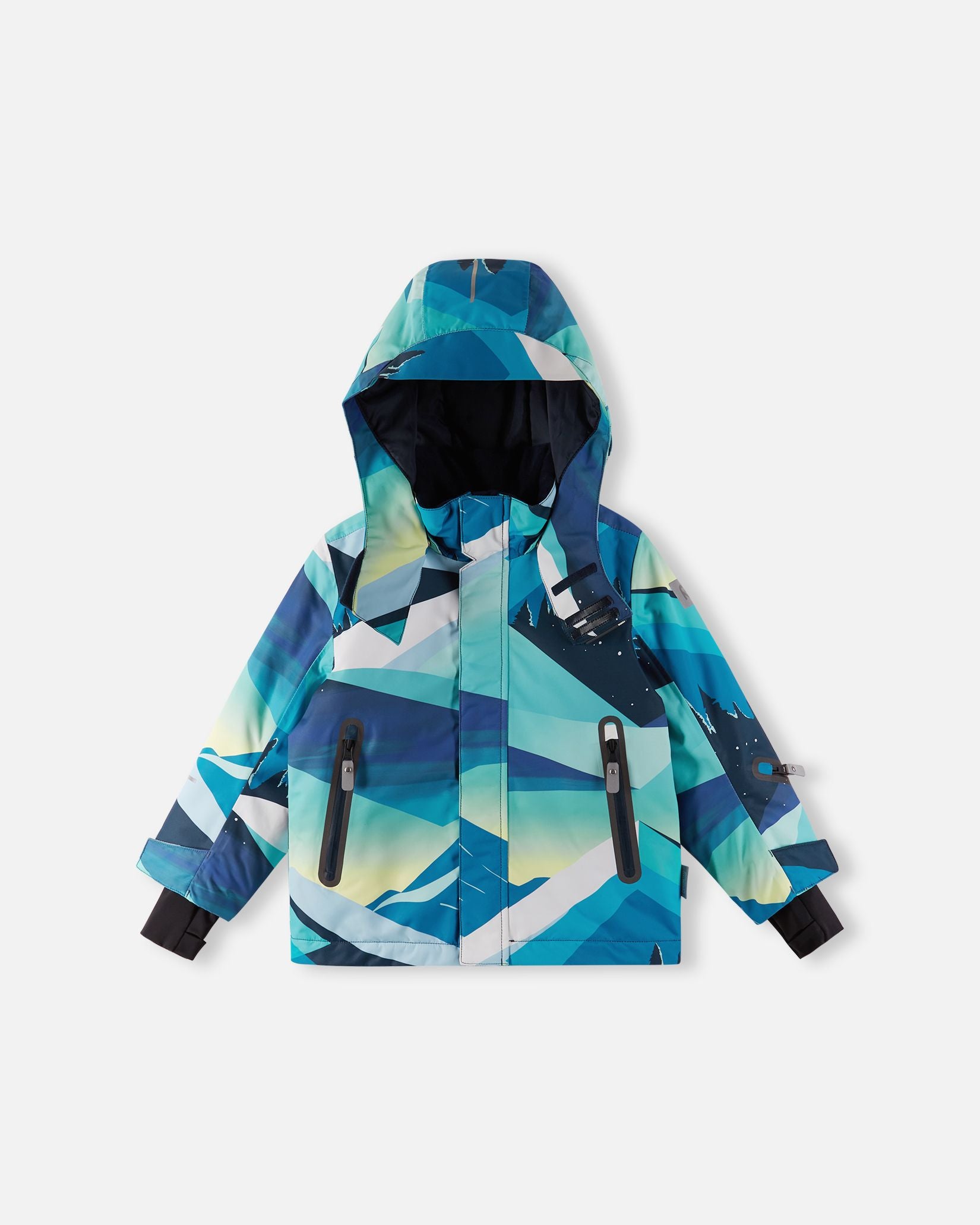Front view of the bright blue Reima Kairala kids' waterproof ski jacket partially unzipped, showcasing the smooth inner lining, the protective storm flap over the main zipper, and adjustable velcro cuffs.