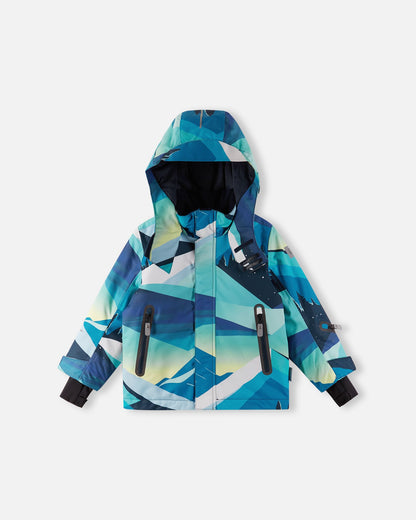 Front view of the bright blue Reima Kairala kids' waterproof ski jacket partially unzipped, showcasing the smooth inner lining, the protective storm flap over the main zipper, and adjustable velcro cuffs.
