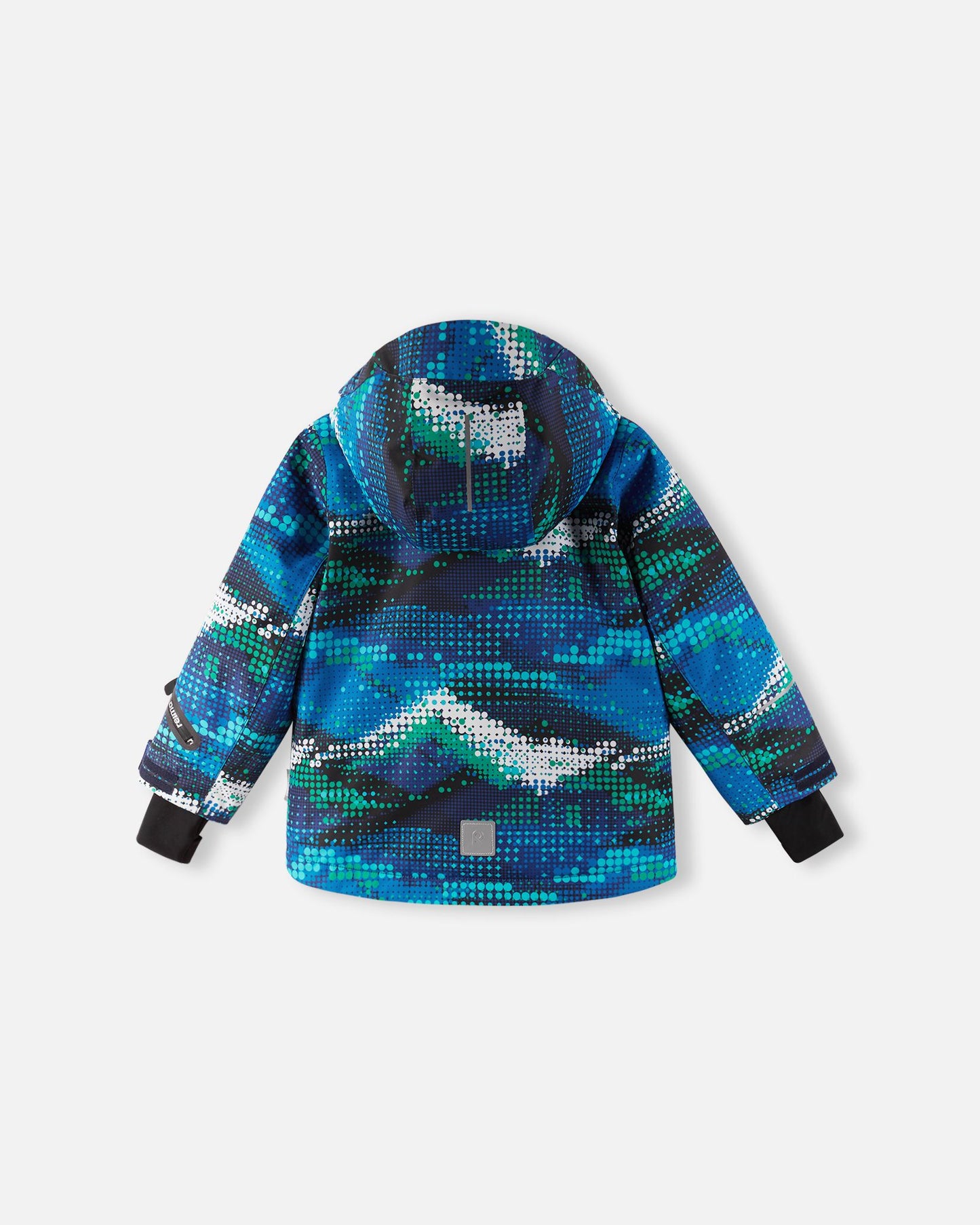 Back view of the twilight blue Reima Kairala kids' waterproof ski jacket, displaying the continuous geometric dot pattern, protective hood, and a reflective safety patch at the lower hem.