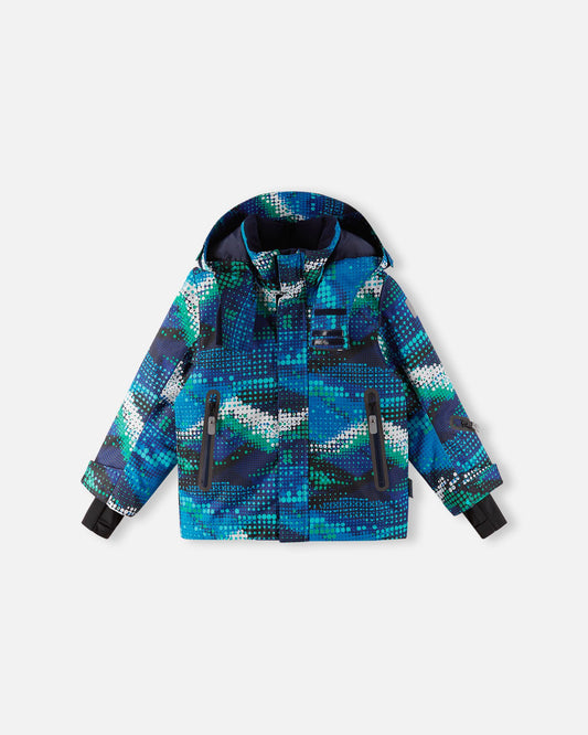 Front view of the twilight blue Reima Kairala kids' waterproof winter ski jacket, showcasing the striking digital dot design, sealed front zipper, and adjustable cuffs.