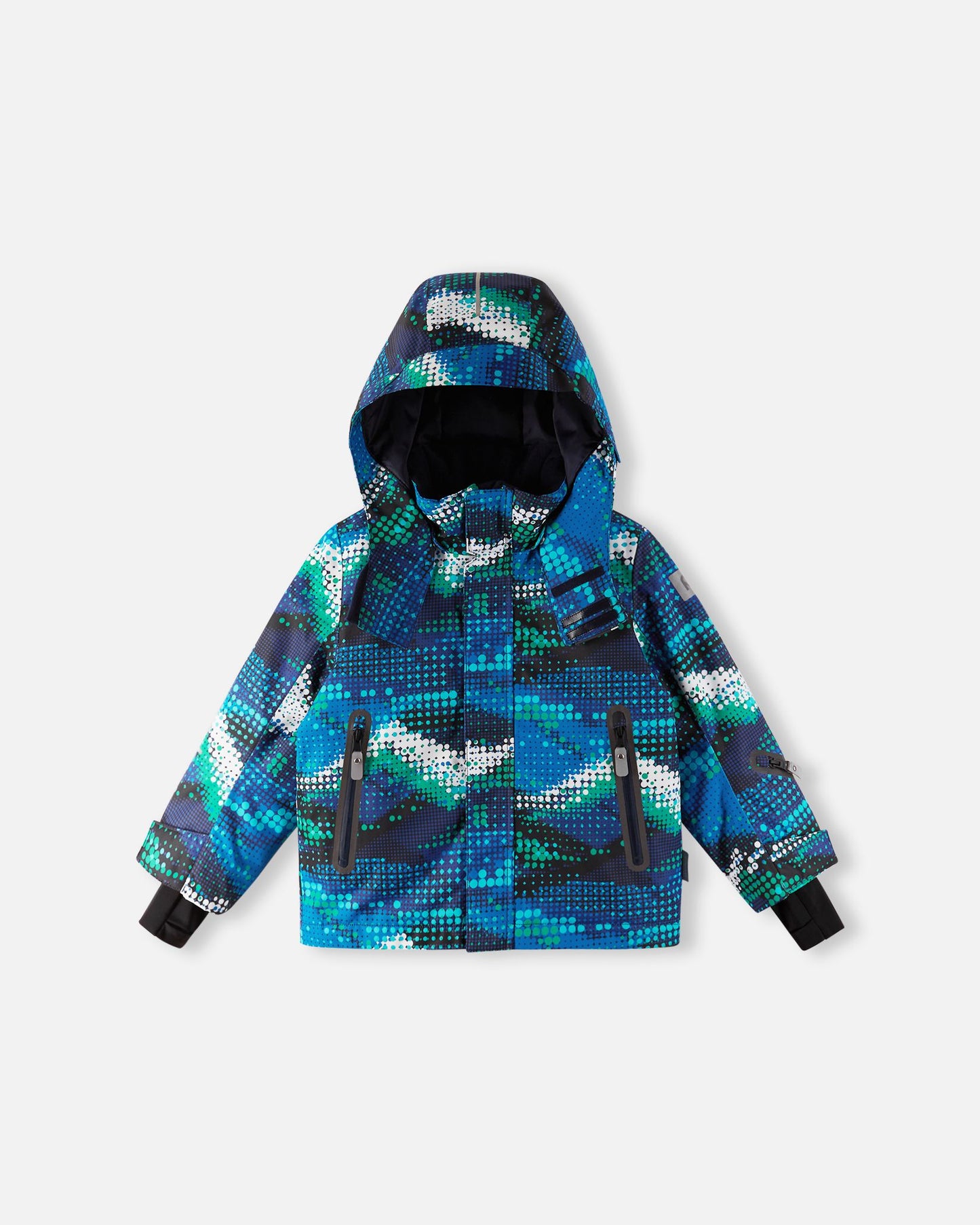 Front flat lay view of the twilight blue Reima Kairala kids' waterproof ski jacket, featuring a vibrant digital dot pattern, an adjustable hood, and sealed waterproof zippered pockets.