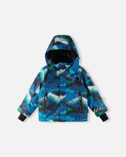 Front flat lay view of the twilight blue Reima Kairala kids' waterproof ski jacket, featuring a vibrant digital dot pattern, an adjustable hood, and sealed waterproof zippered pockets.