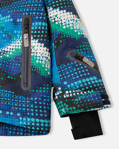 Detail view of the waterproof zippered sleeve ski pass pocket, velcro cuff adjuster, and inner lycra cuff with thumbhole on the twilight blue Reima Kairala kids' ski jacket.