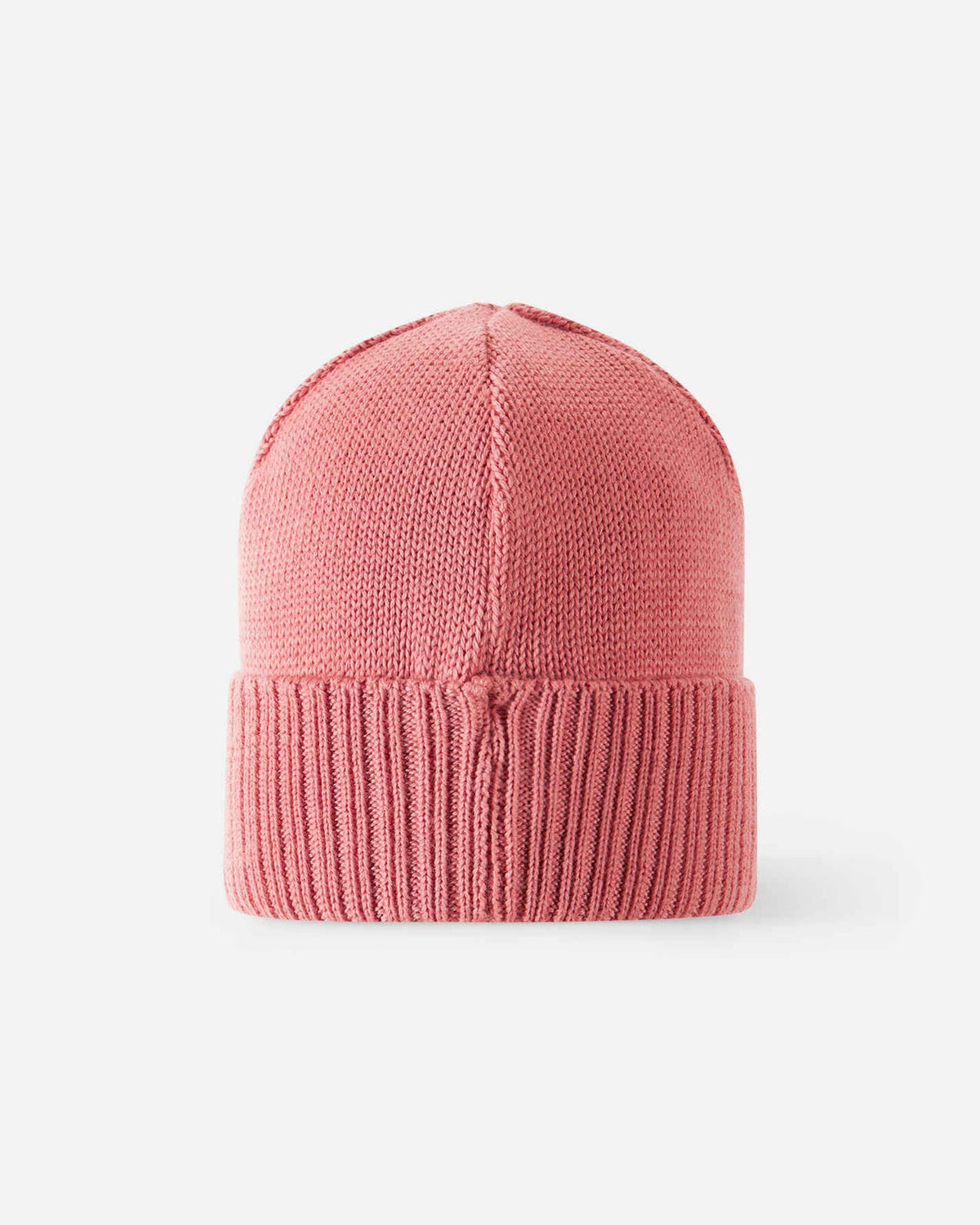 Back view of the rose blush pink Reima Kalotti kids' winter beanie, showing the continuous ribbed cuff and the neatly finished rear center seam of the knitted crown.