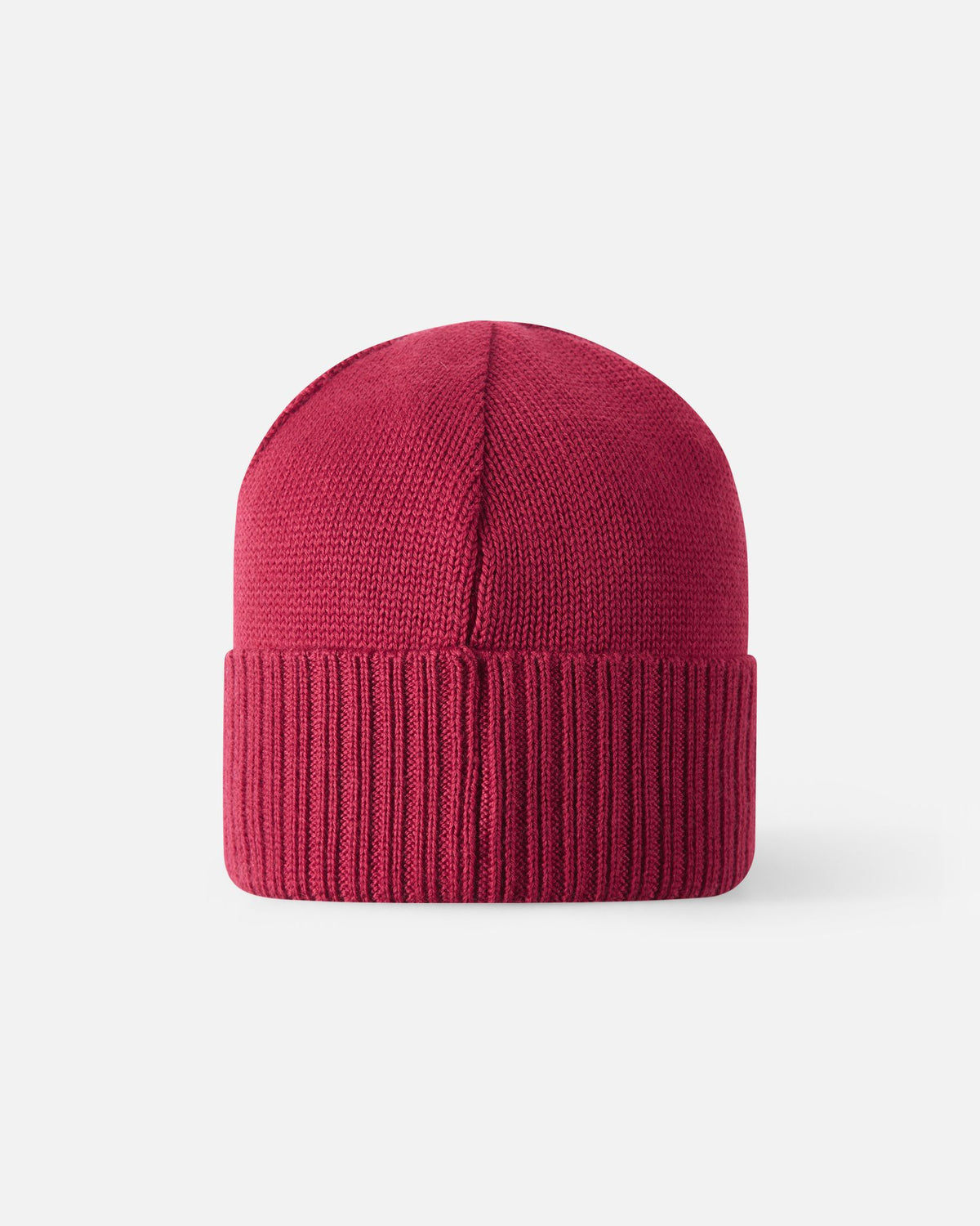 Backside profile of the cranberry red Reima Kalotti kids winter hat, illustrating the smooth upper knit pattern transitioning into the structured, heavily ribbed lower cuff designed to lock in warmth during outdoor snow play.