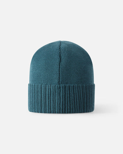 Rear view of the dark teal Reima Kalotti kids merino wool beanie, displaying the streamlined rear crown seam and the wide, stretchy ribbed fold-over cuff that allows for adjustable sizing as the child grows.