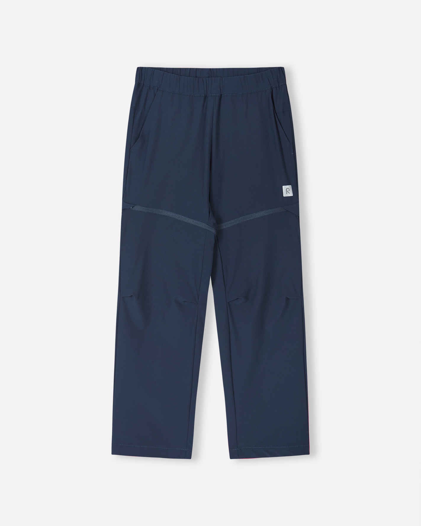 Front view of the Reima Kaveris kids' convertible hiking pants in navy blue, featuring a comfortable elastic waistband and discrete zip-off legs that quickly convert the pants into shorts for dynamic outdoor adventures.