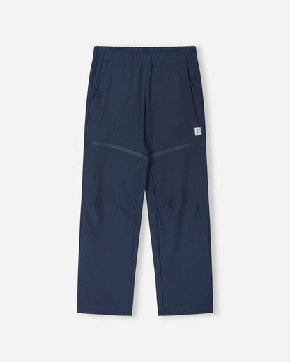Front view of the Reima Kaveris kids' convertible hiking pants in navy blue, featuring a comfortable elastic waistband and discrete zip-off legs that quickly convert the pants into shorts for dynamic outdoor adventures.