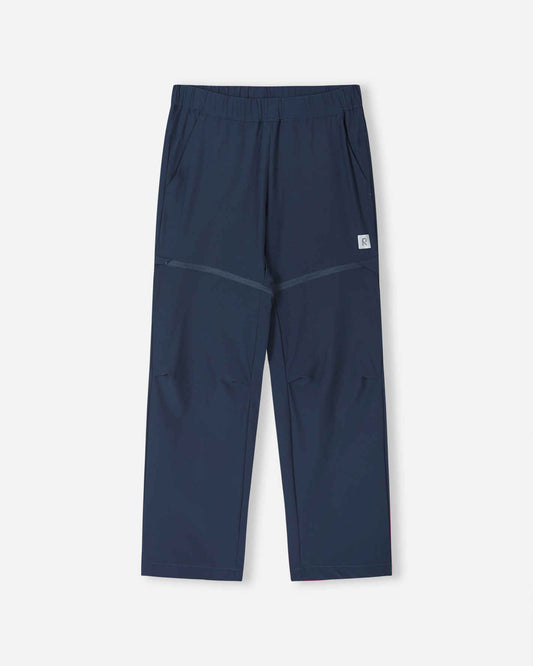Front view of the Reima Kaveris kids' convertible hiking pants in navy blue, featuring a comfortable elastic waistband and discrete zip-off legs that quickly convert the pants into shorts for dynamic outdoor adventures.