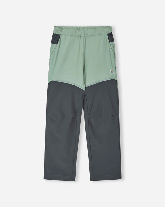 Front view of the Reima Kaveris kids' convertible hiking pants in stone green, featuring dark grey reinforced knee panels, an elastic waistband, and hidden zippers that convert the pants into shorts