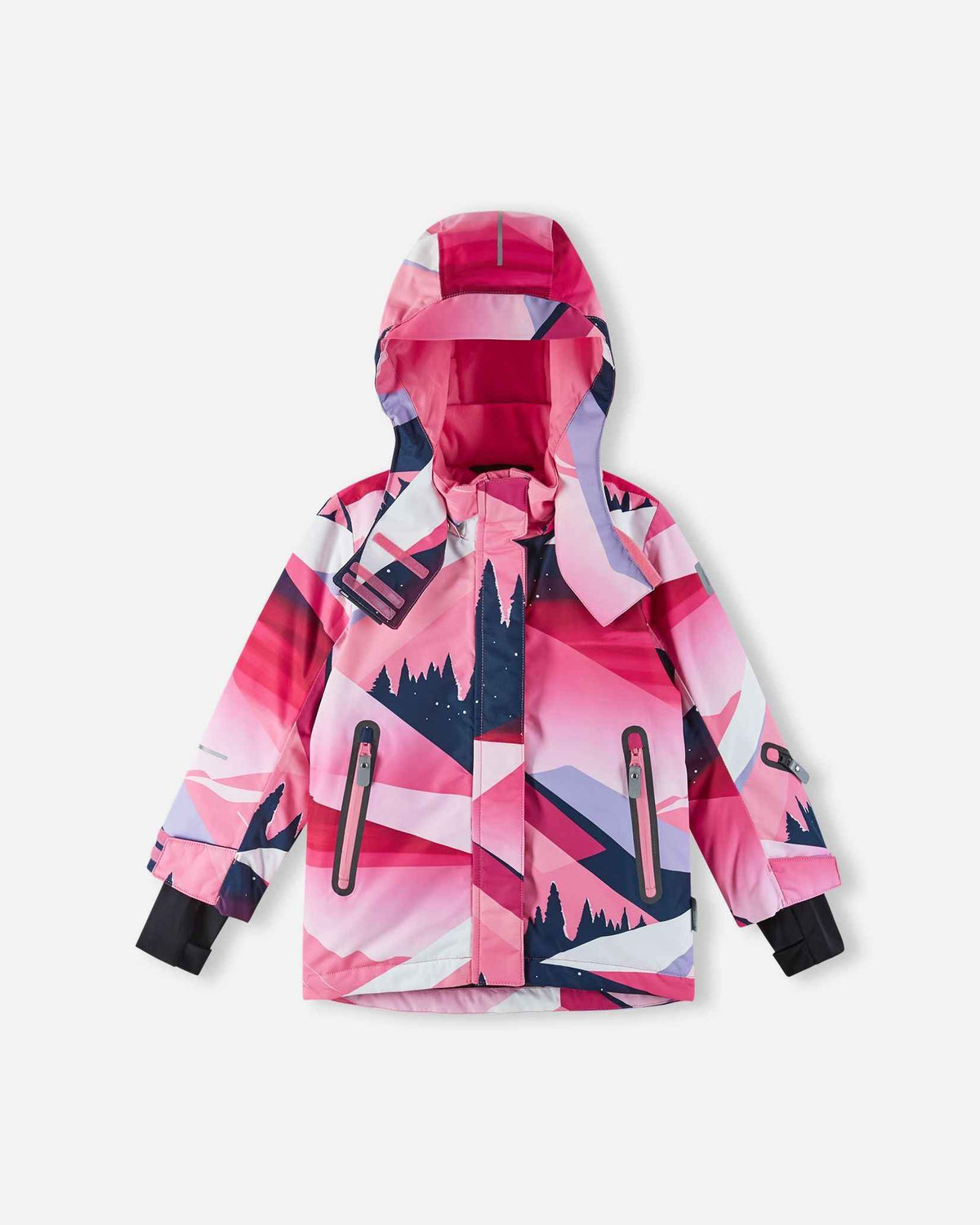 Front layout of the soft coral Reima Kiiruna children's insulated ski jacket with the storm hood raised, illustrating maximum coverage and warmth against cold alpine winds and snow.