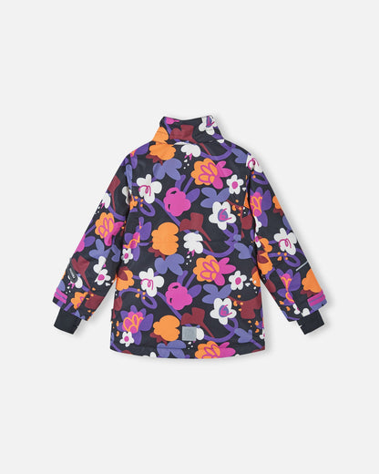Rear profile of the Reima Kiiruna girls' waterproof winter jacket with the detachable hood removed, displaying the insulated high stand-up collar against the black and colorful floral patterned fabric.