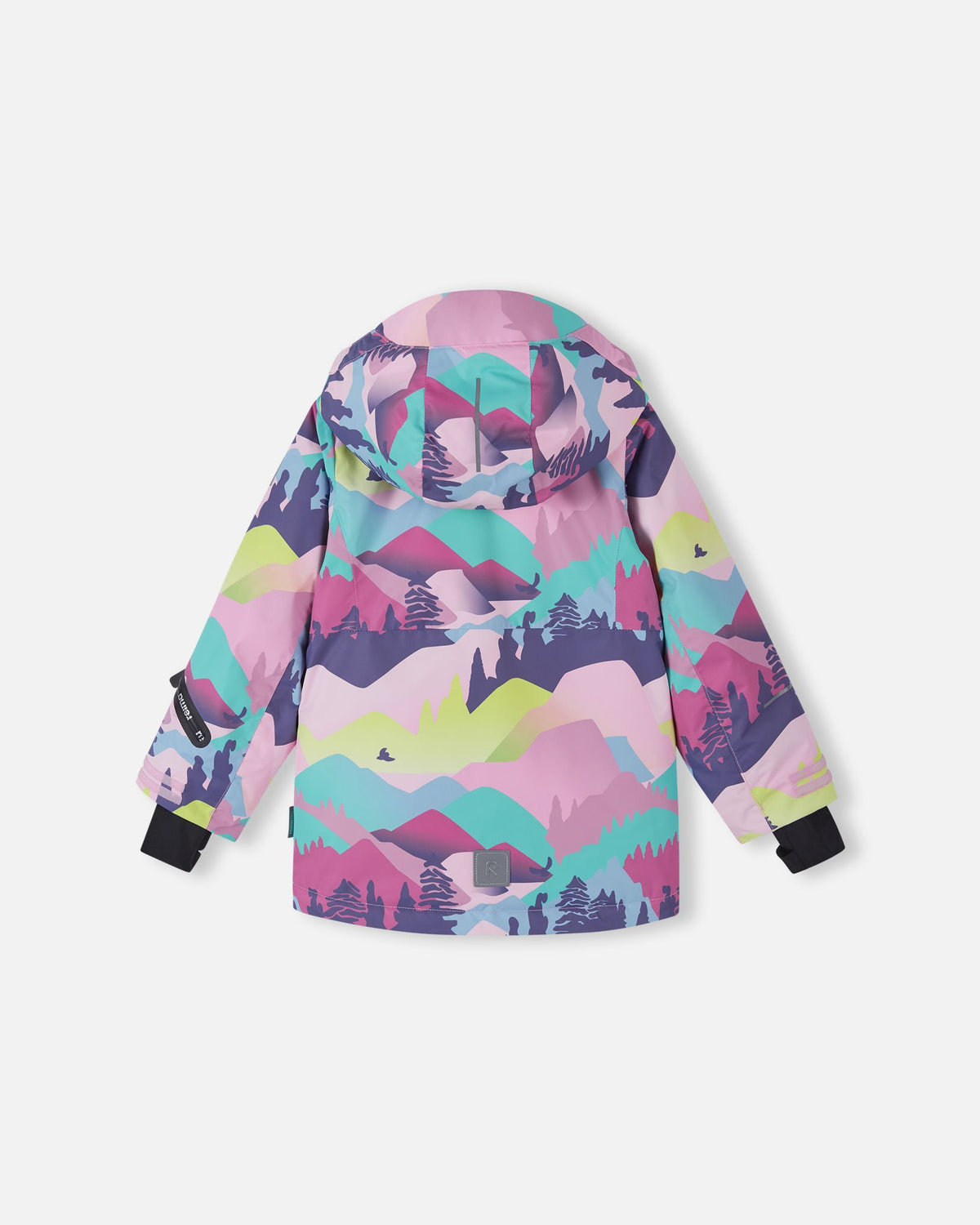 Back view of the Reima Kiiruna girls' winter ski jacket in the grey pink mountain landscape print, showing the attached protective hood and a reflective safety patch near the bottom hem.
