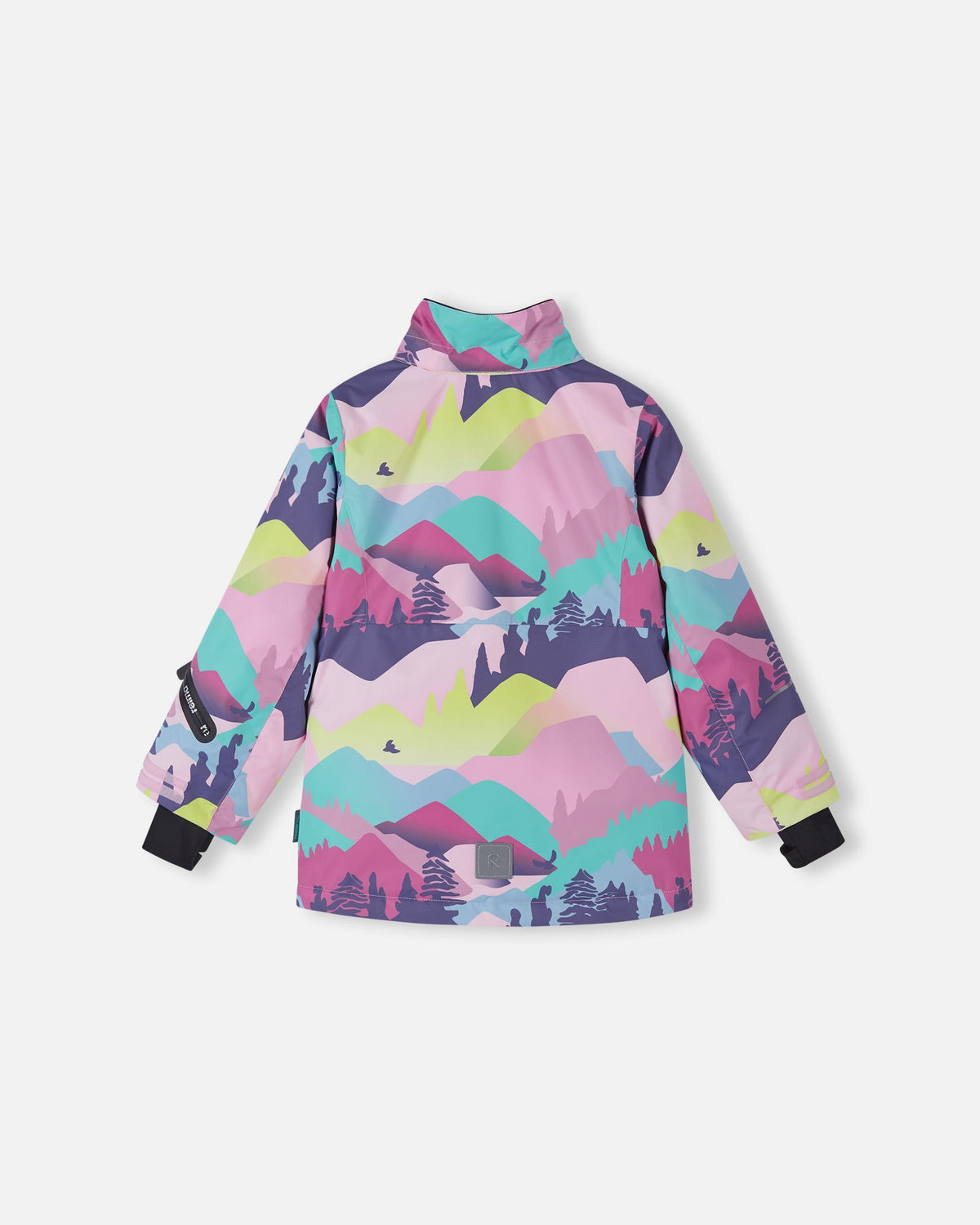 Rear profile of the Reima Kiiruna girls' waterproof winter jacket with the detachable hood removed, displaying the insulated high stand-up collar against the vibrant grey and pink mountain pattern.