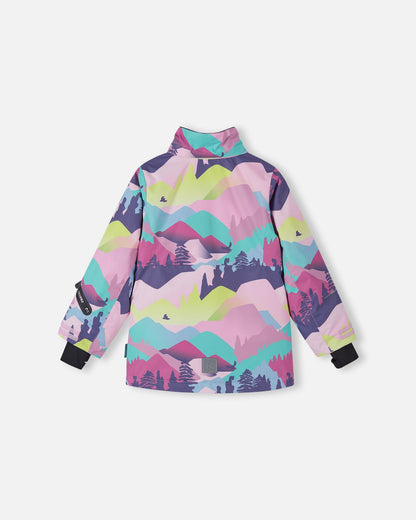 Rear profile of the Reima Kiiruna girls' waterproof winter jacket with the detachable hood removed, displaying the insulated high stand-up collar against the vibrant grey and pink mountain pattern.