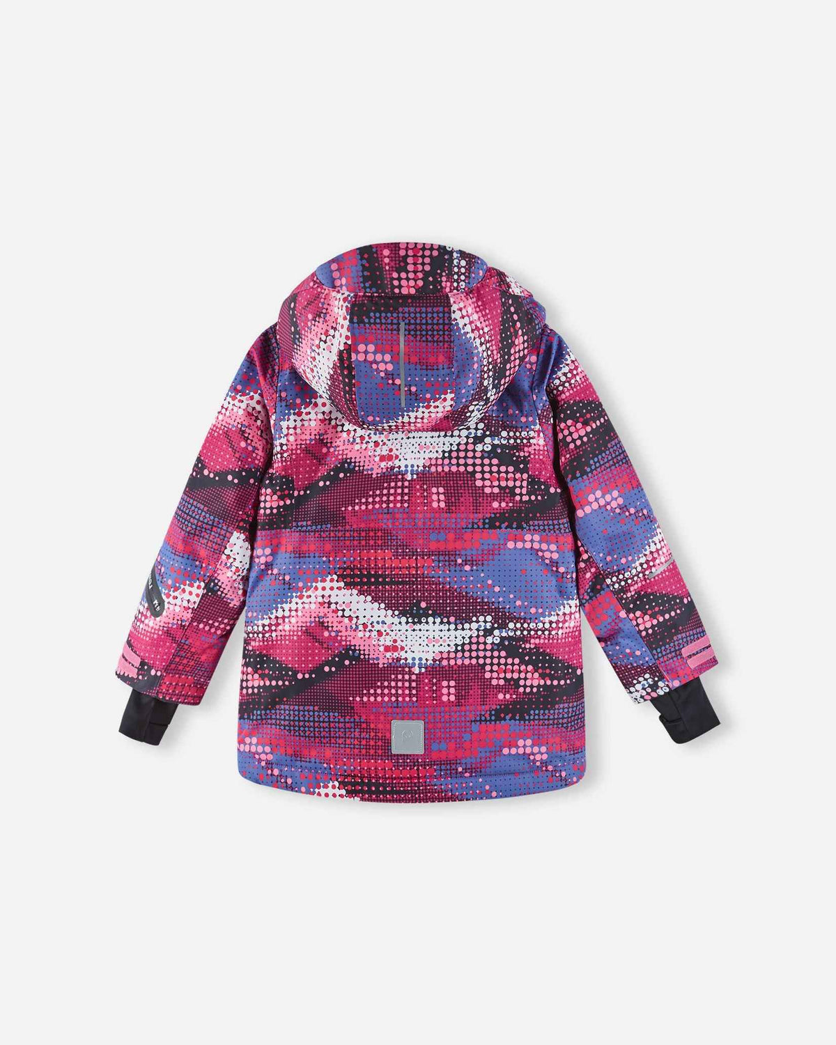 Back flat lay perspective of the rosy berry patterned Reima Kiiruna girls' snow jacket, highlighting the allover mosaic print, helmet-compatible hood, and lower reflective safety badge.