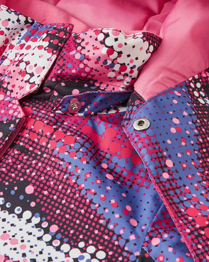 Detail shot of the metallic snap button fastening on the collar of the rosy berry Reima Kiiruna girls' winter jacket, showing the safe tear-away detachable hood mechanism.