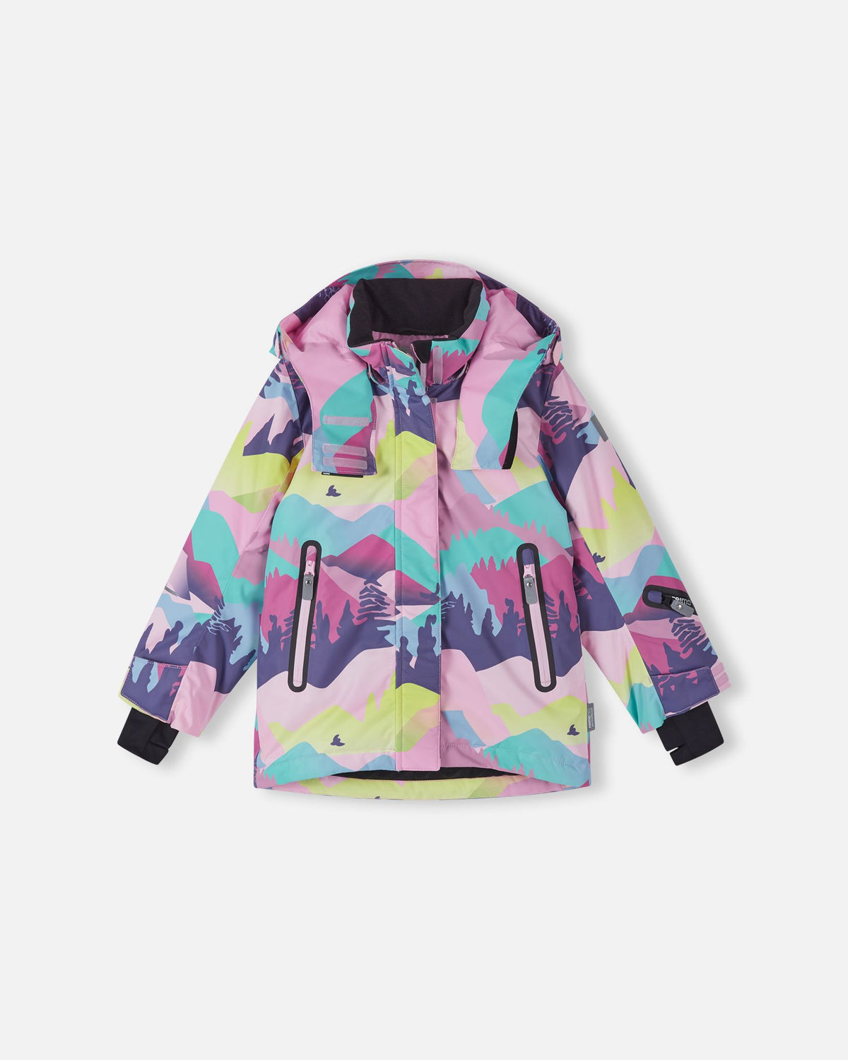 Front flat-lay view of the Reima Kiiruna girls' waterproof ski jacket featuring a colorful grey, pink, and purple mountain landscape print, a detachable hood, and secure zippered hand pockets on a light background.