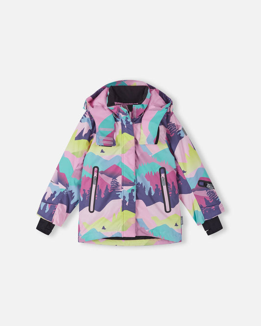 Front flat-lay view of the Reima Kiiruna girls' waterproof ski jacket featuring a colorful grey, pink, and purple mountain landscape print, a detachable hood, and secure zippered hand pockets on a light background.