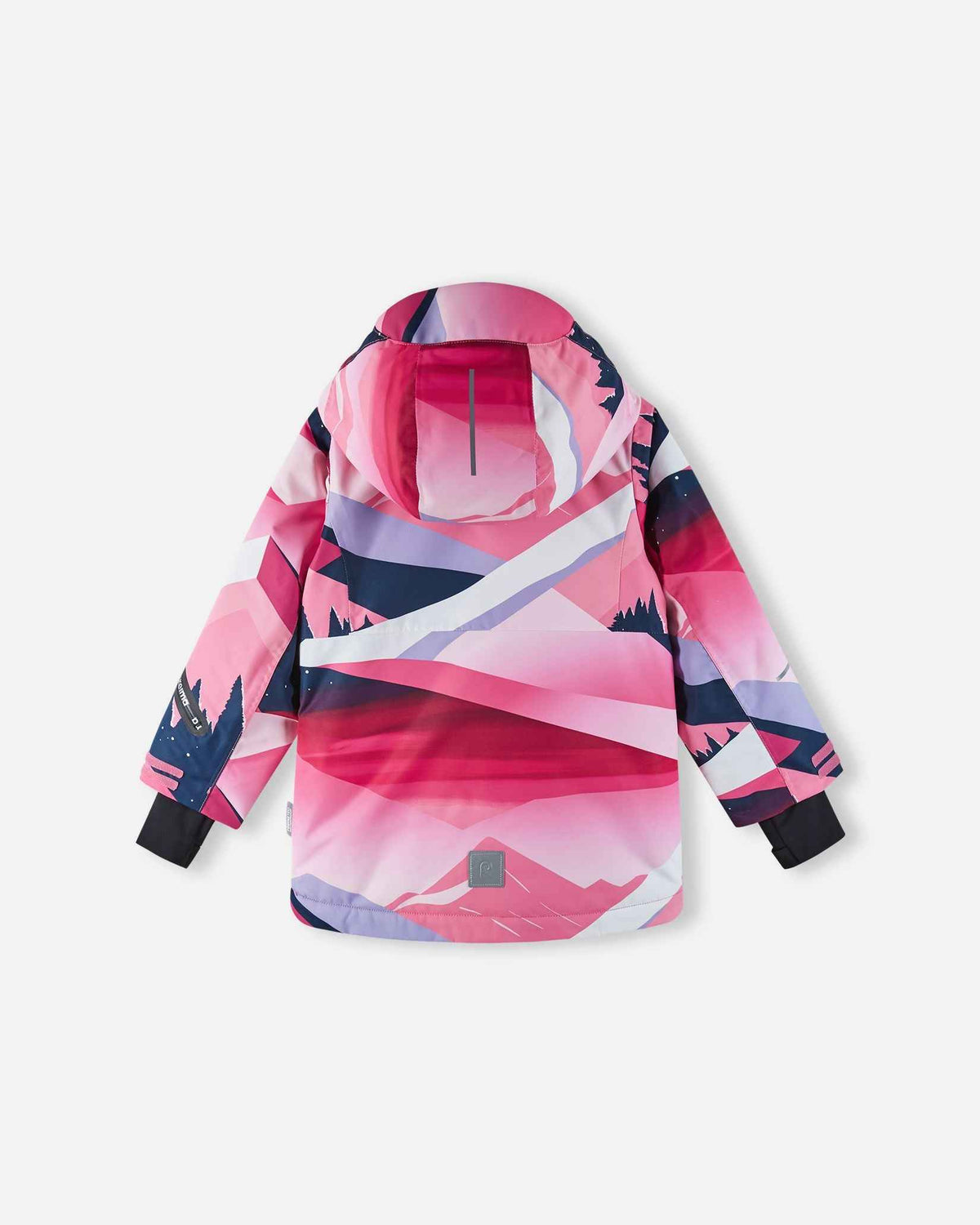 Back flat lay perspective of the soft coral pink Reima Kiiruna girls' winter snow coat, showcasing the seamless geometric mountain print, a helmet-compatible hood, and a reflective safety patch on the lower hem.
