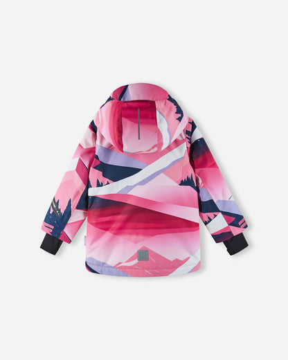 Back flat lay perspective of the soft coral pink Reima Kiiruna girls' winter snow coat, showcasing the seamless geometric mountain print, a helmet-compatible hood, and a reflective safety patch on the lower hem.