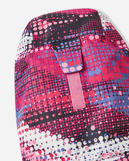Close-up of the rear hook-and-loop velcro tab on the rosy berry Reima Kiiruna ski jacket hood, designed for quick volume adjustment over a child's winter beanie or ski helmet.