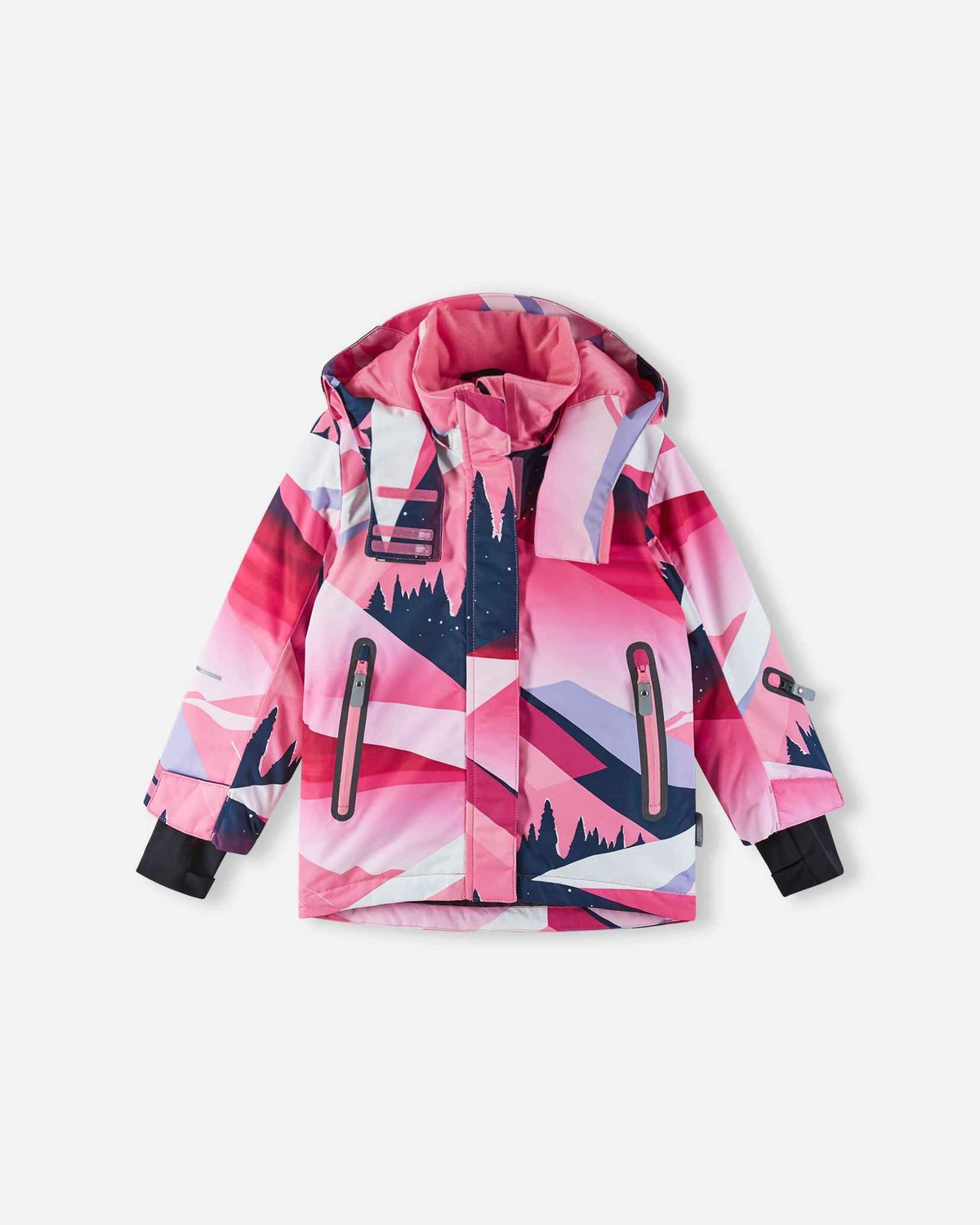 Front flat lay view of the soft coral Reima Kiiruna kids' ski jacket, featuring a vibrant pink and purple mountain landscape print, waterproof Reimatec construction, and a protective winter hood.