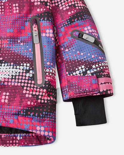 Detail view of the forearm and lower body on the rosy berry Reima Kiiruna kids' snow jacket, highlighting the zippered ski pass pocket, adjustable wrist strap, and inner thumbhole cuff gaiter.