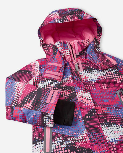 Angled upper-torso detail of the rosy berry print Reima Kiiruna kids' winter jacket, displaying the fleece-lined high collar, protective center storm placket, and hook-and-loop hood fasteners.