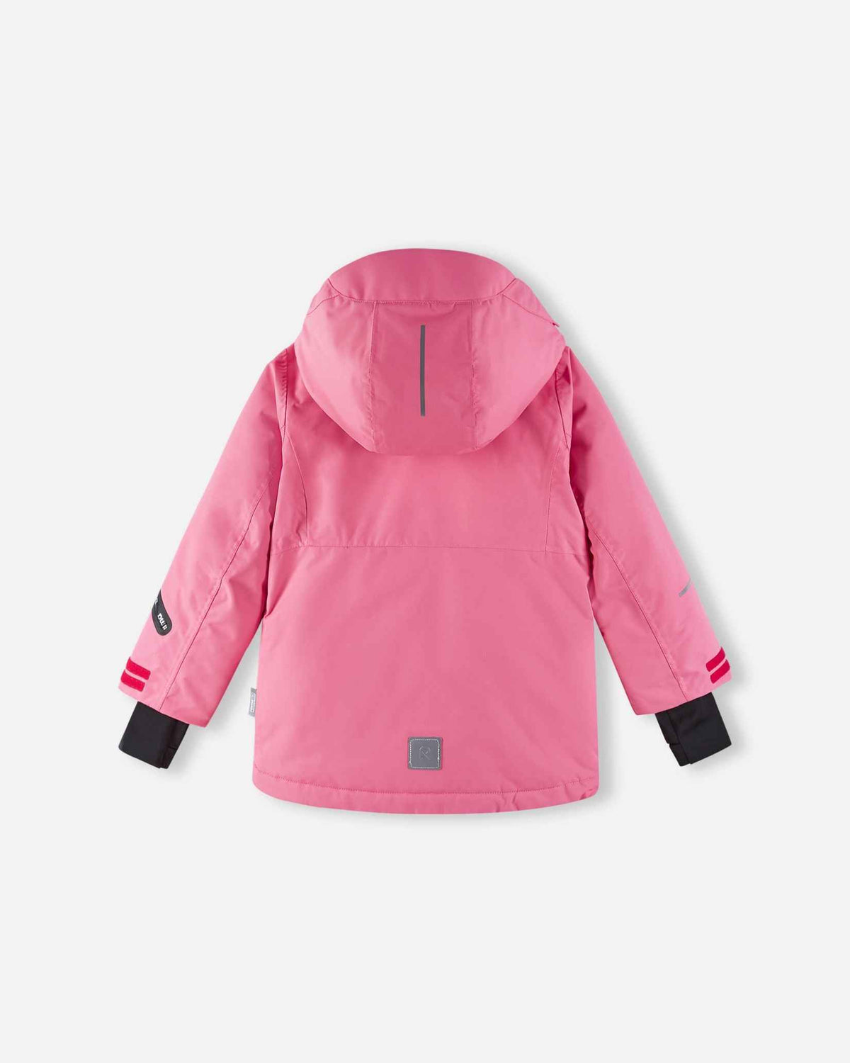Back flat lay perspective of the solid soft coral Reima Kiiruna kids' winter snow coat, showcasing the clean protective design, safety reflective patch on the lower back, and helmet-compatible hood.