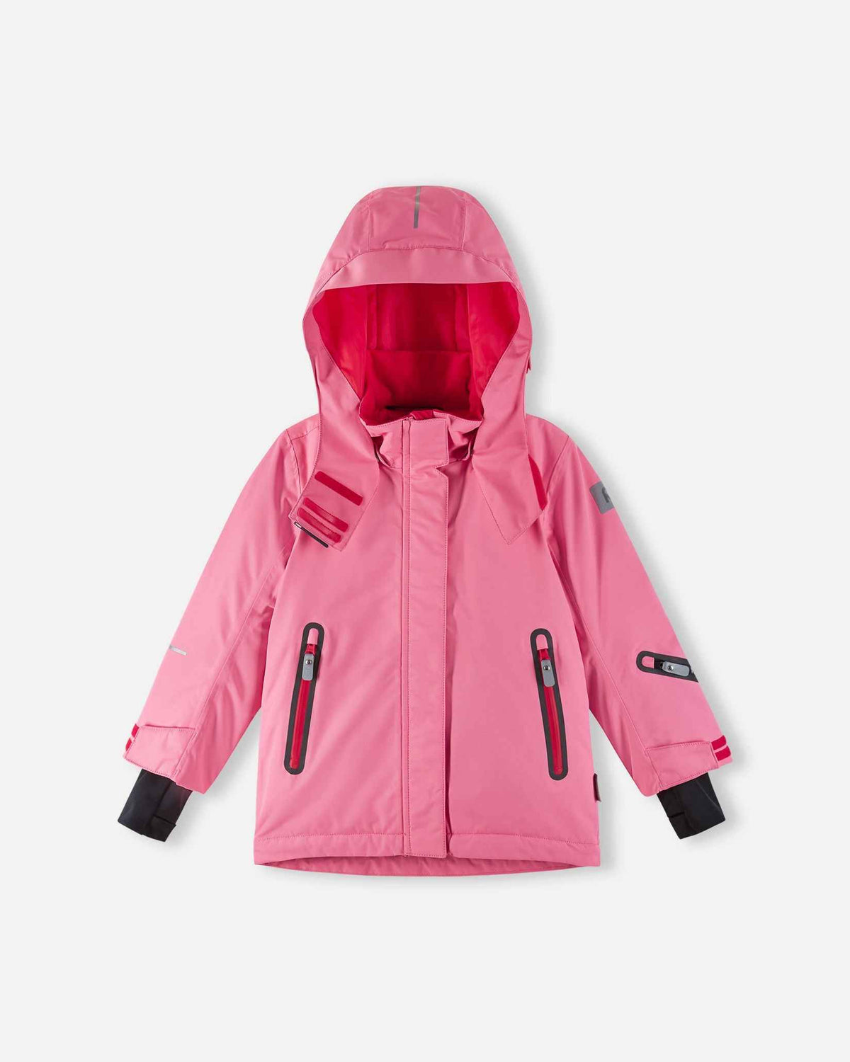 Front layout of the solid soft coral Reima Kiiruna youth insulated ski jacket with the storm hood raised, demonstrating comprehensive wind protection and high collar coverage for freezing alpine conditions.