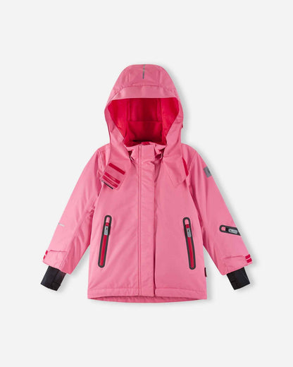 Front layout of the solid soft coral Reima Kiiruna youth insulated ski jacket with the storm hood raised, demonstrating comprehensive wind protection and high collar coverage for freezing alpine conditions.
