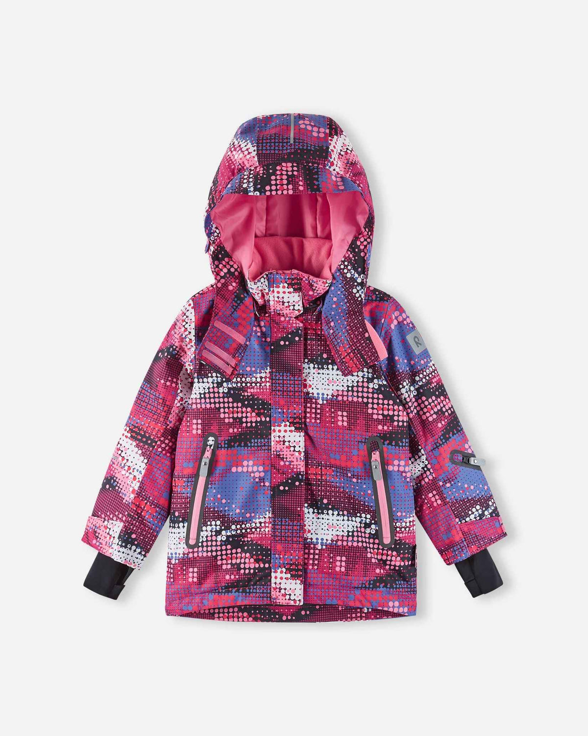Front flat lay view of the rosy berry print Reima Kiiruna youth insulated ski jacket with the storm hood raised, demonstrating comprehensive wind protection and head coverage for winter sports.