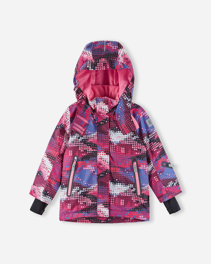 Front flat lay view of the rosy berry print Reima Kiiruna youth insulated ski jacket with the storm hood raised, demonstrating comprehensive wind protection and head coverage for winter sports.