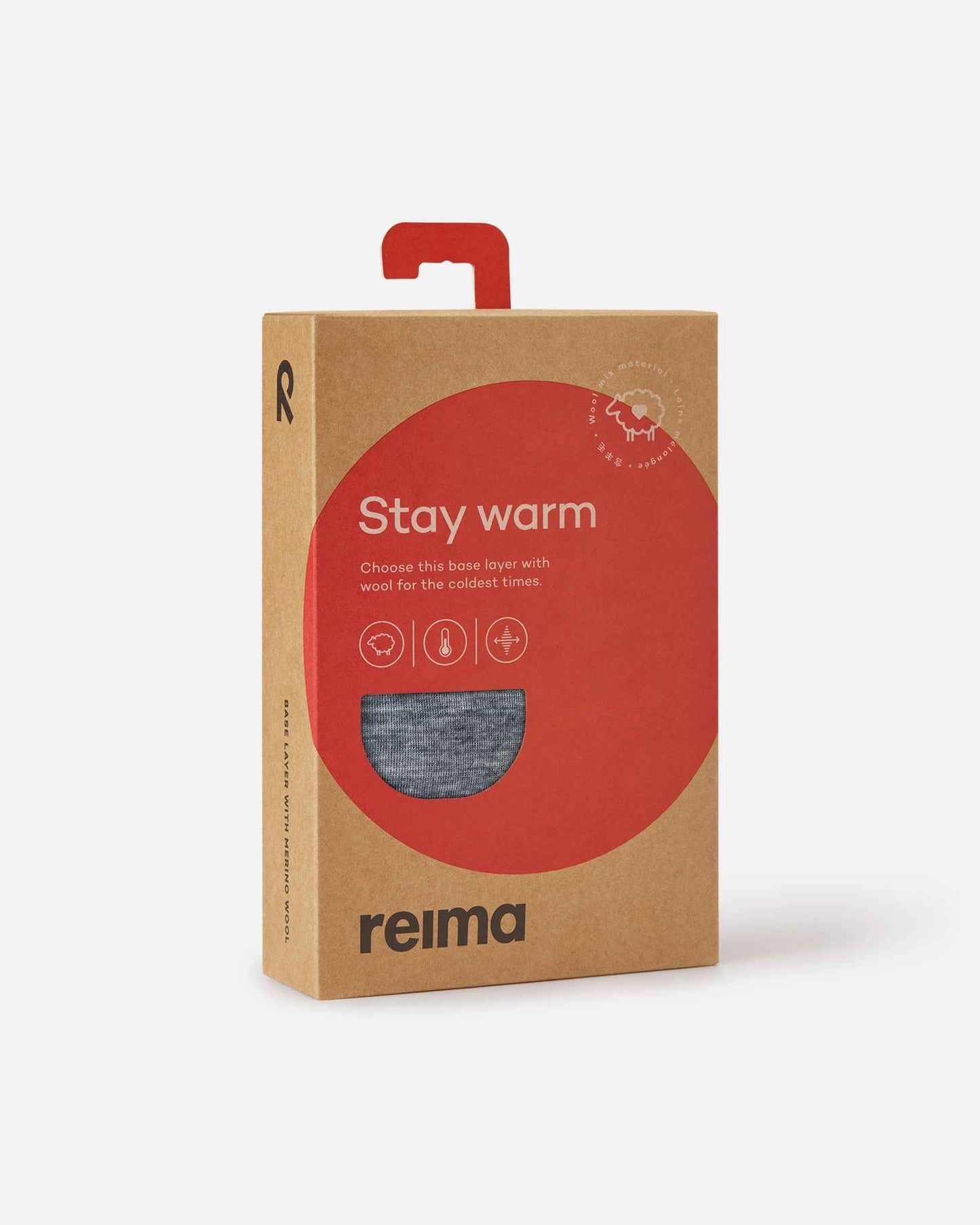 Retail packaging for the Reima Kinsei kids' merino wool base layer set, featuring a red label that reads "Stay warm" and a cutout window displaying the melange grey fabric inside.