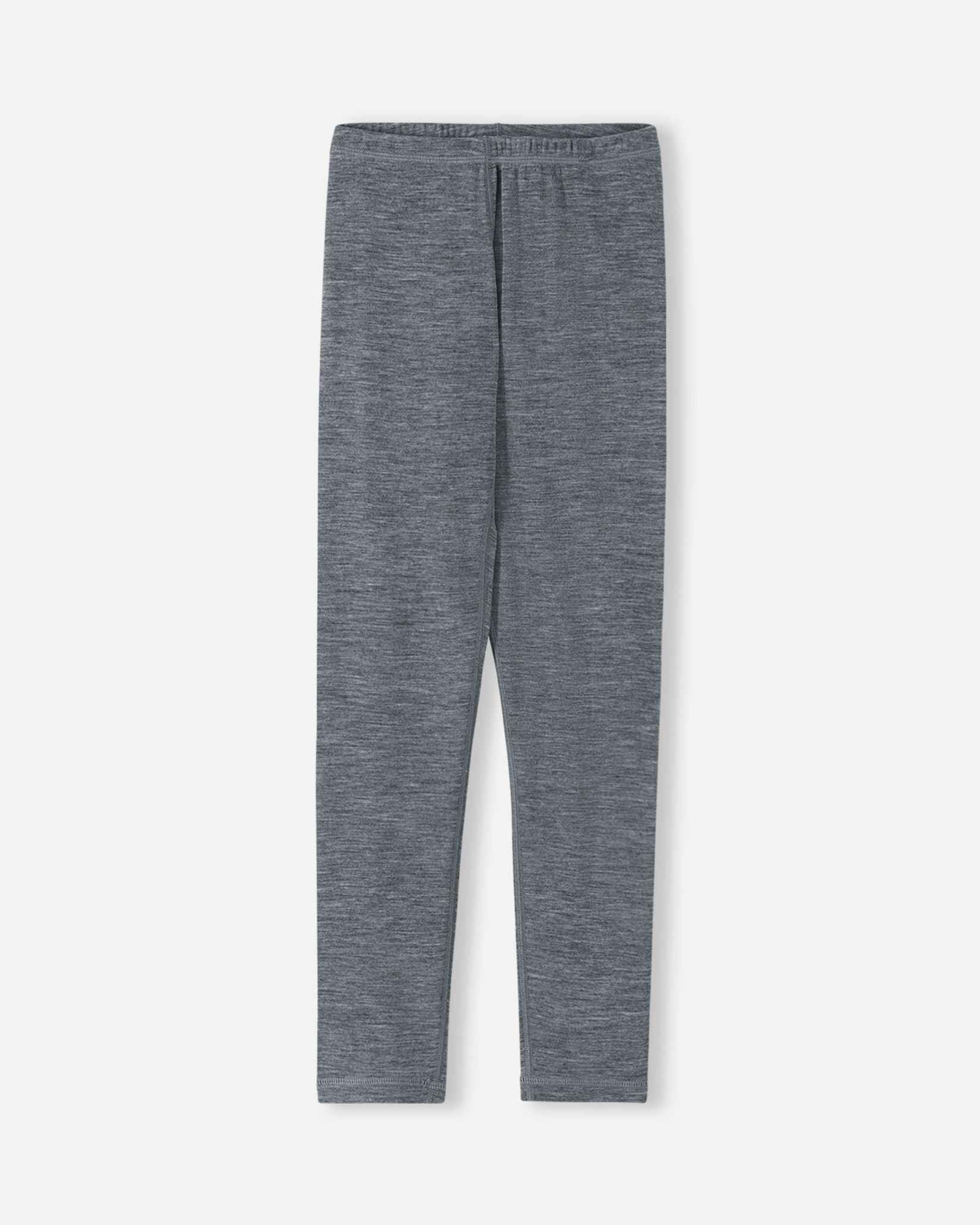 Front view of the thermal pants from the Reima Kinsei kids' merino wool base layer set in melange grey.