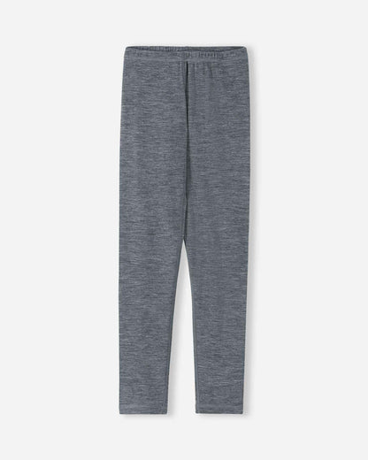 Front view of the thermal pants from the Reima Kinsei kids' merino wool base layer set in melange grey.