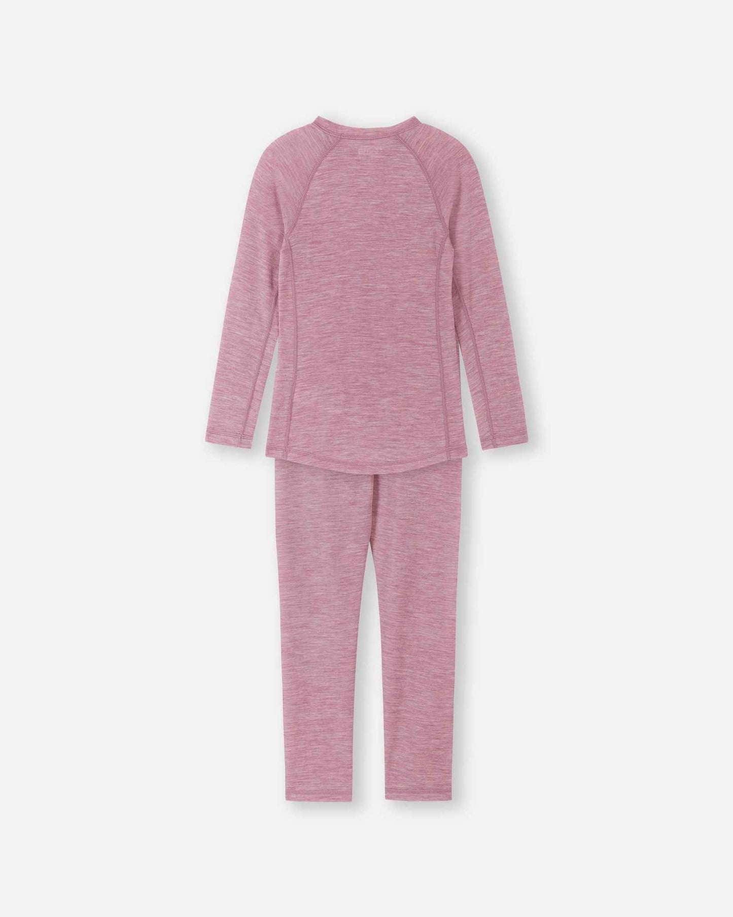 Back view of the complete Reima Kinsei kids' merino wool base layer set in grey pink, showing the flexible and comfortable fit of the thermal top and bottoms.